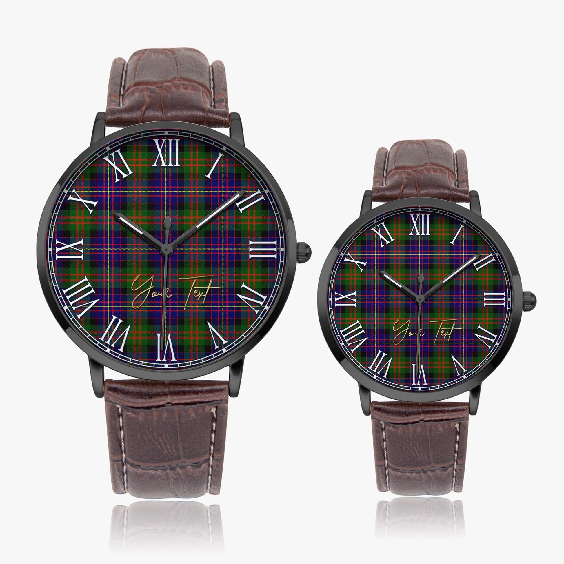 Cameron of Erracht Modern Tartan Personalized Your Text Leather Trap Quartz Watch Ultra Thin Black Case With Brown Leather Strap - Tartanvibesclothing