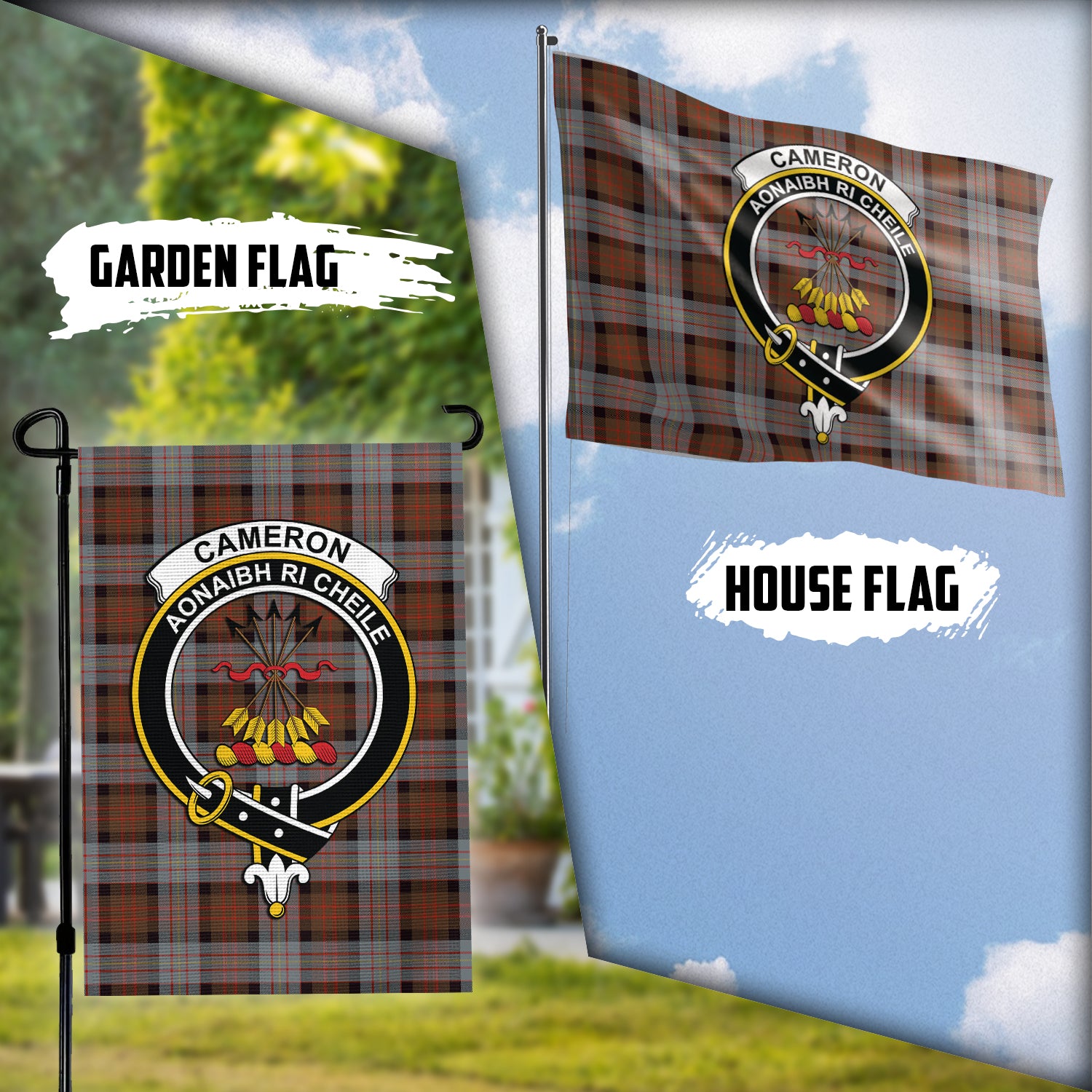 Cameron of Erracht Weathered Tartan Flag with Family Crest Garden Flag (Vertical) - Tartan Vibes Clothing