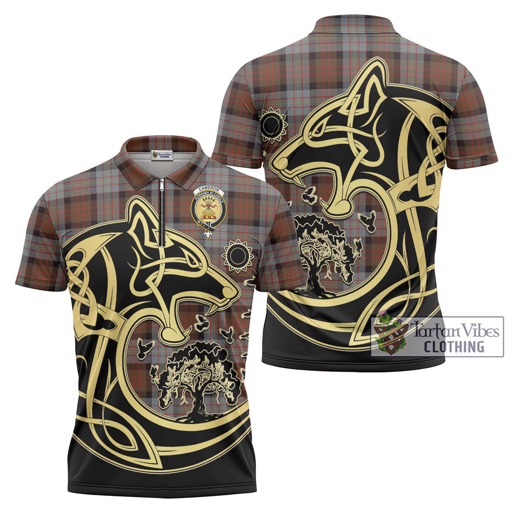 Cameron of Erracht Weathered Tartan Zipper Polo Shirt with Family Crest Celtic Wolf Style Unisex - Tartanvibesclothing Shop