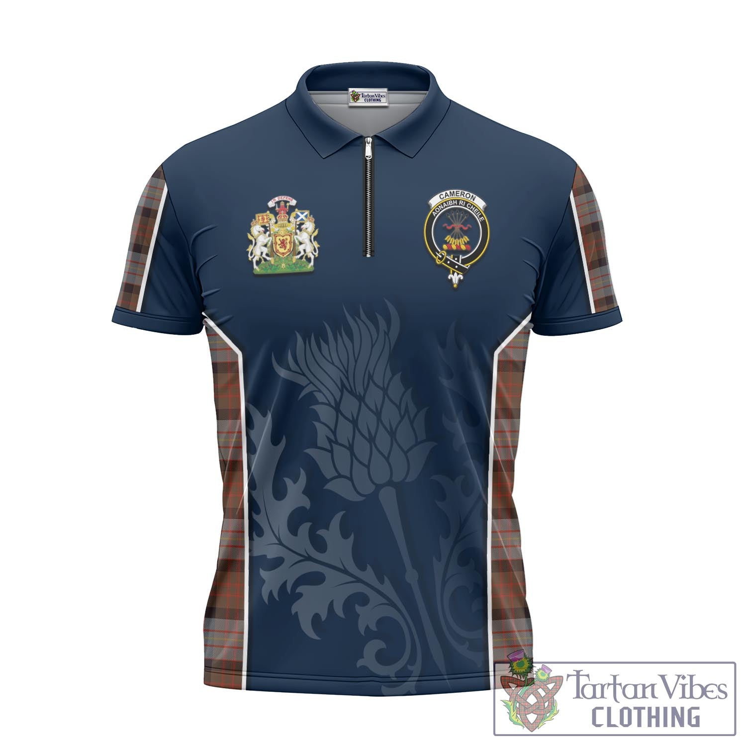 Tartan Vibes Clothing Cameron of Erracht Weathered Tartan Zipper Polo Shirt with Family Crest and Scottish Thistle Vibes Sport Style