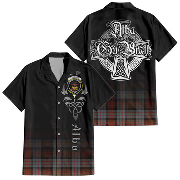 Cameron of Erracht Weathered Tartan Short Sleeve Button Up Shirt Featuring Alba Gu Brath Family Crest Celtic Inspired