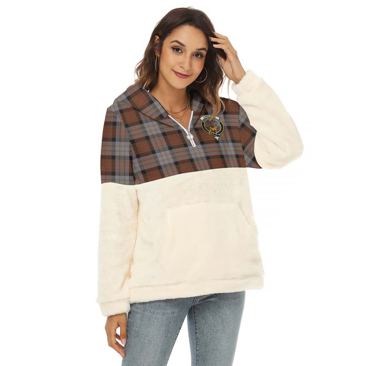 Cameron of Erracht Weathered Tartan Women's Borg Fleece Hoodie With Half Zip with Family Crest Female - Tartan Vibes Clothing