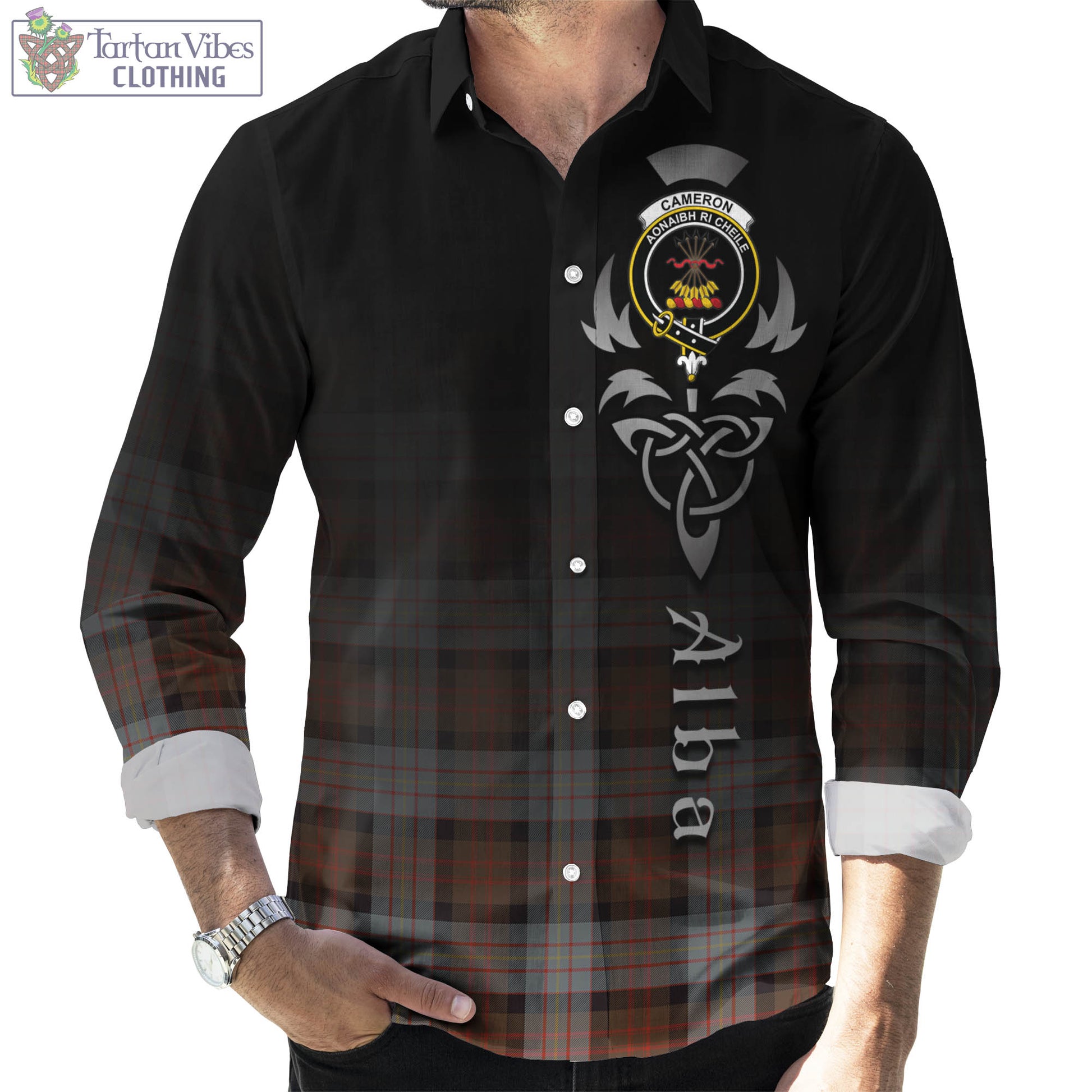 Tartan Vibes Clothing Cameron of Erracht Weathered Tartan Long Sleeve Button Up Featuring Alba Gu Brath Family Crest Celtic Inspired