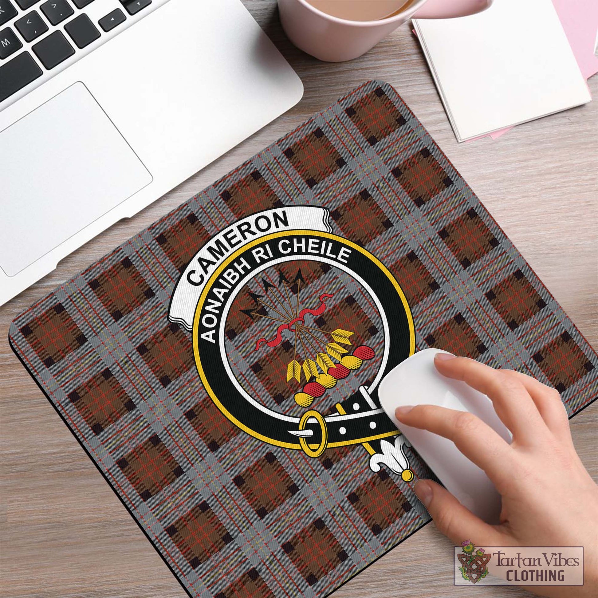 Tartan Vibes Clothing Cameron of Erracht Weathered Tartan Mouse Pad with Family Crest