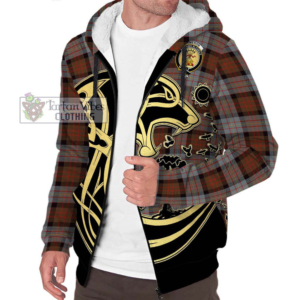 Cameron of Erracht Weathered Tartan Sherpa Hoodie with Family Crest Celtic Wolf Style Unisex S - Tartan Vibes Clothing