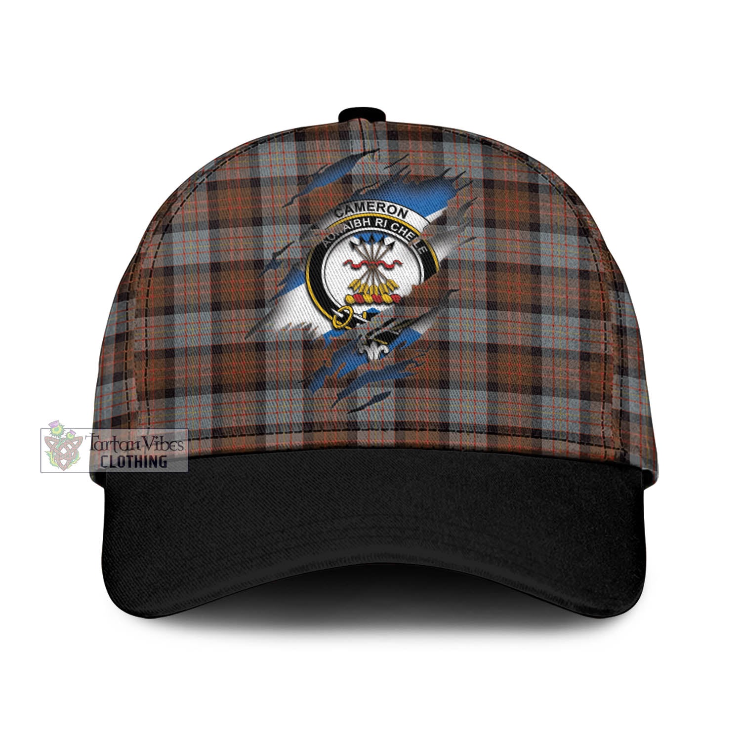 Tartan Vibes Clothing Cameron of Erracht Weathered Tartan Classic Cap with Family Crest In Me Style