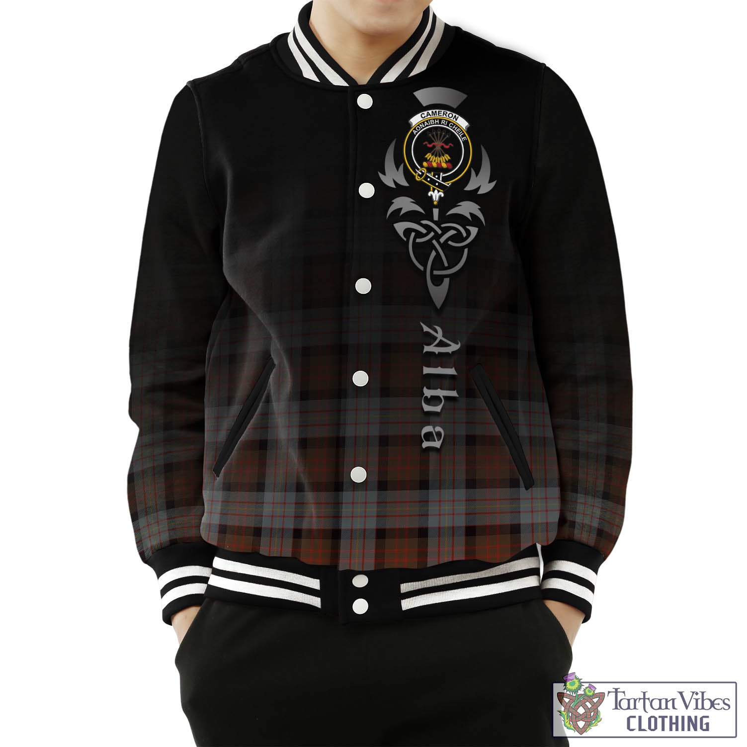 Tartan Vibes Clothing Cameron of Erracht Weathered Tartan Baseball Jacket Featuring Alba Gu Brath Family Crest Celtic Inspired