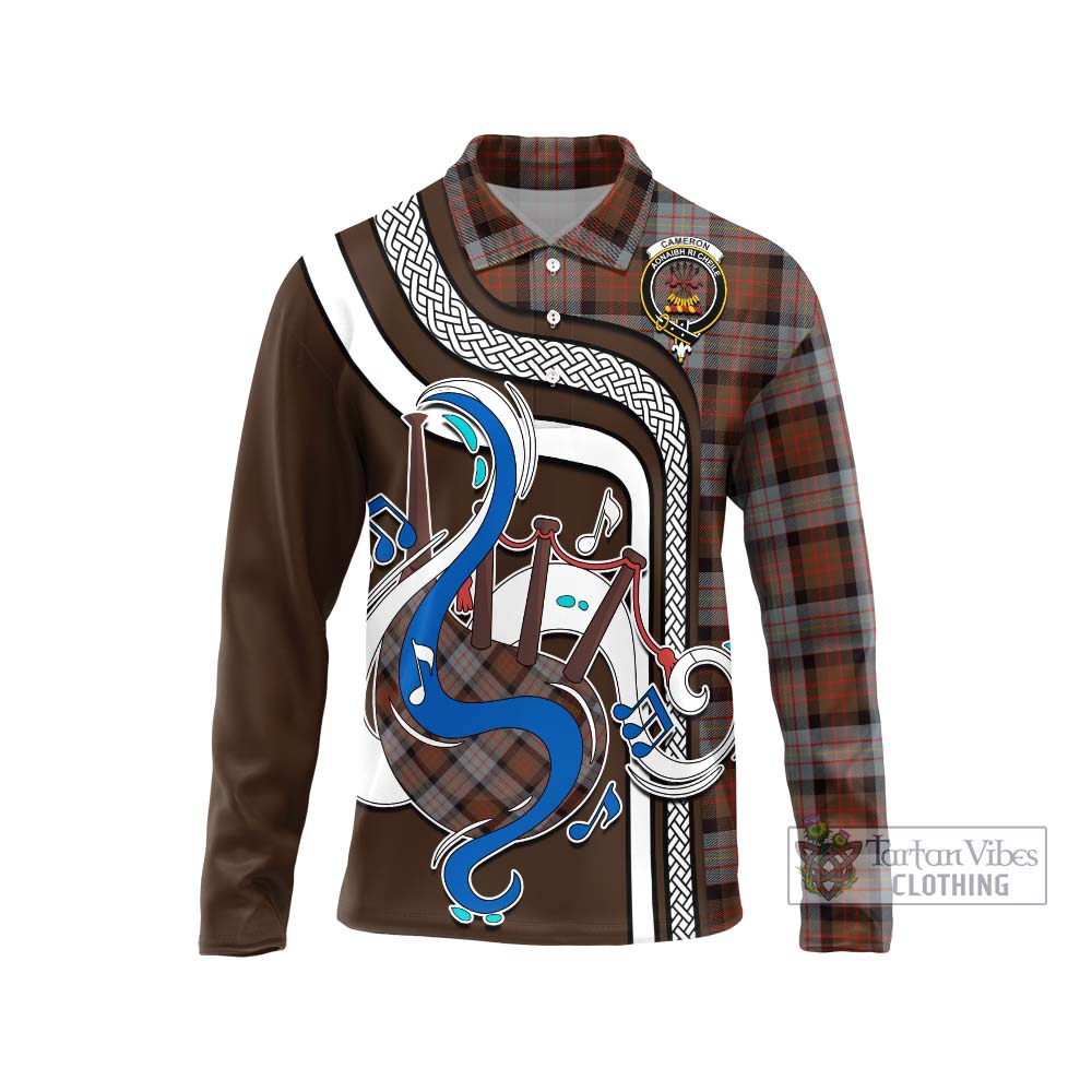 Tartan Vibes Clothing Cameron of Erracht Weathered Tartan Long Sleeve Polo Shirt with Epic Bagpipe Style