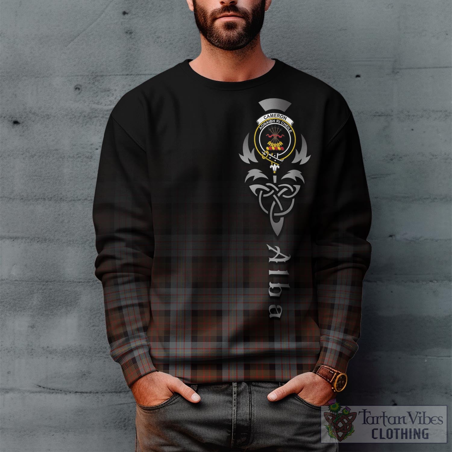 Tartan Vibes Clothing Cameron of Erracht Weathered Tartan Sweatshirt Featuring Alba Gu Brath Family Crest Celtic Inspired