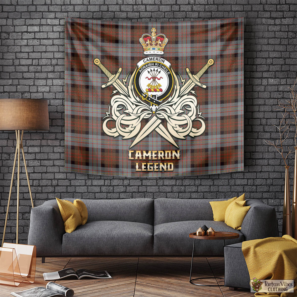 Tartan Vibes Clothing Cameron of Erracht Weathered Tartan Tapestry with Clan Crest and the Golden Sword of Courageous Legacy