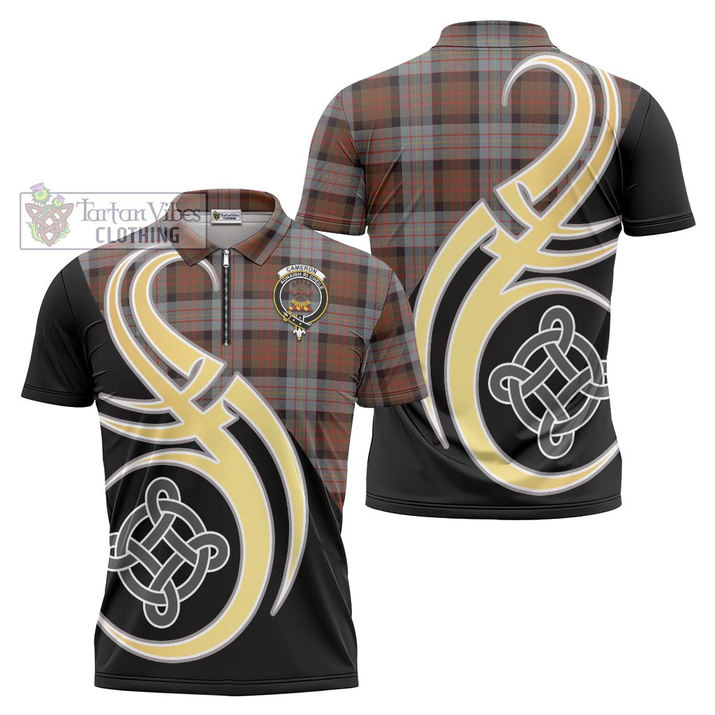 Tartan Vibes Clothing Cameron of Erracht Weathered Tartan Zipper Polo Shirt with Family Crest and Celtic Symbol Style