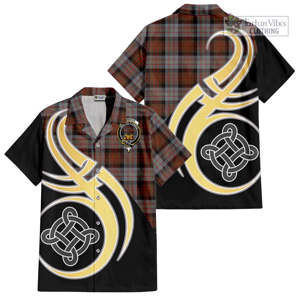 Cameron of Erracht Weathered Tartan Short Sleeve Button Shirt with Family Crest and Celtic Symbol Style - Tartan Vibes Clothing