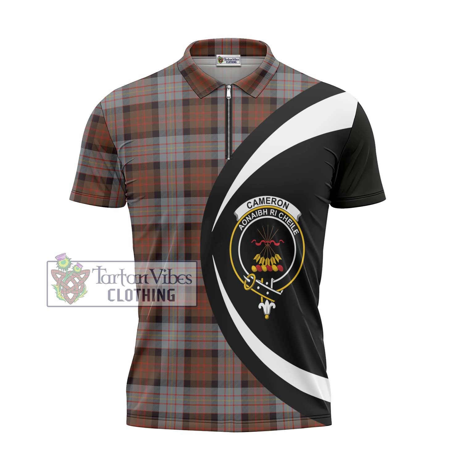 Tartan Vibes Clothing Cameron of Erracht Weathered Tartan Zipper Polo Shirt with Family Crest Circle Style