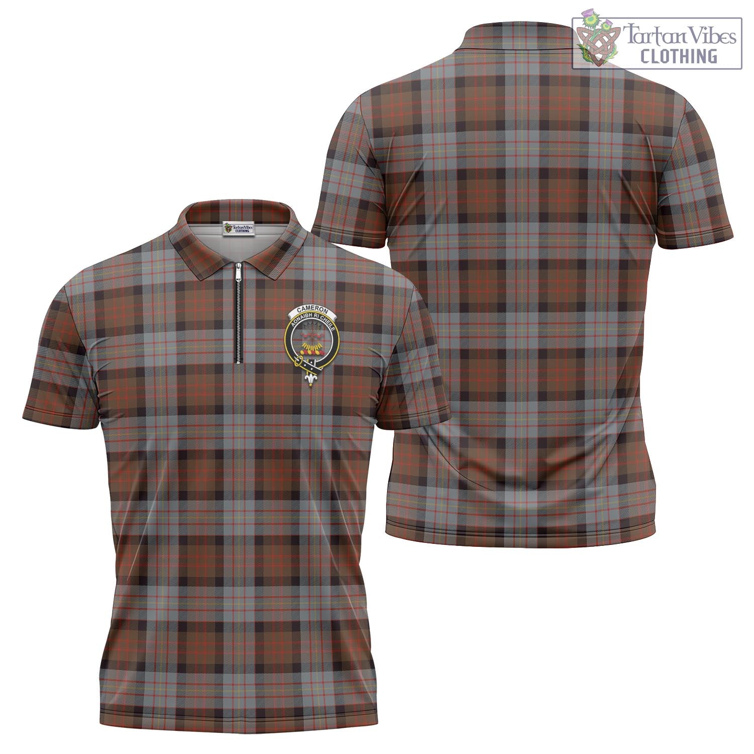 Tartan Vibes Clothing Cameron of Erracht Weathered Tartan Zipper Polo Shirt with Family Crest