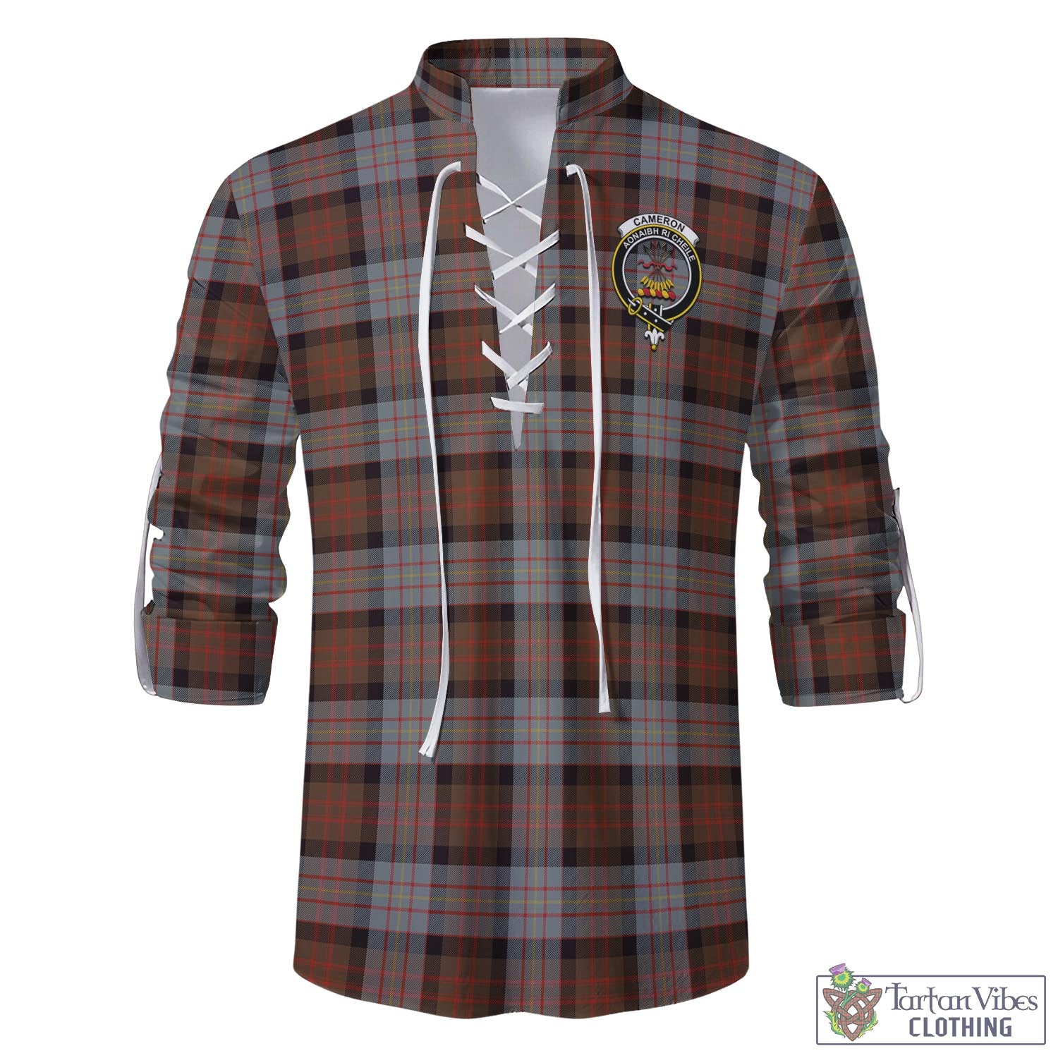 Tartan Vibes Clothing Cameron of Erracht Weathered Tartan Men's Scottish Traditional Jacobite Ghillie Kilt Shirt with Family Crest