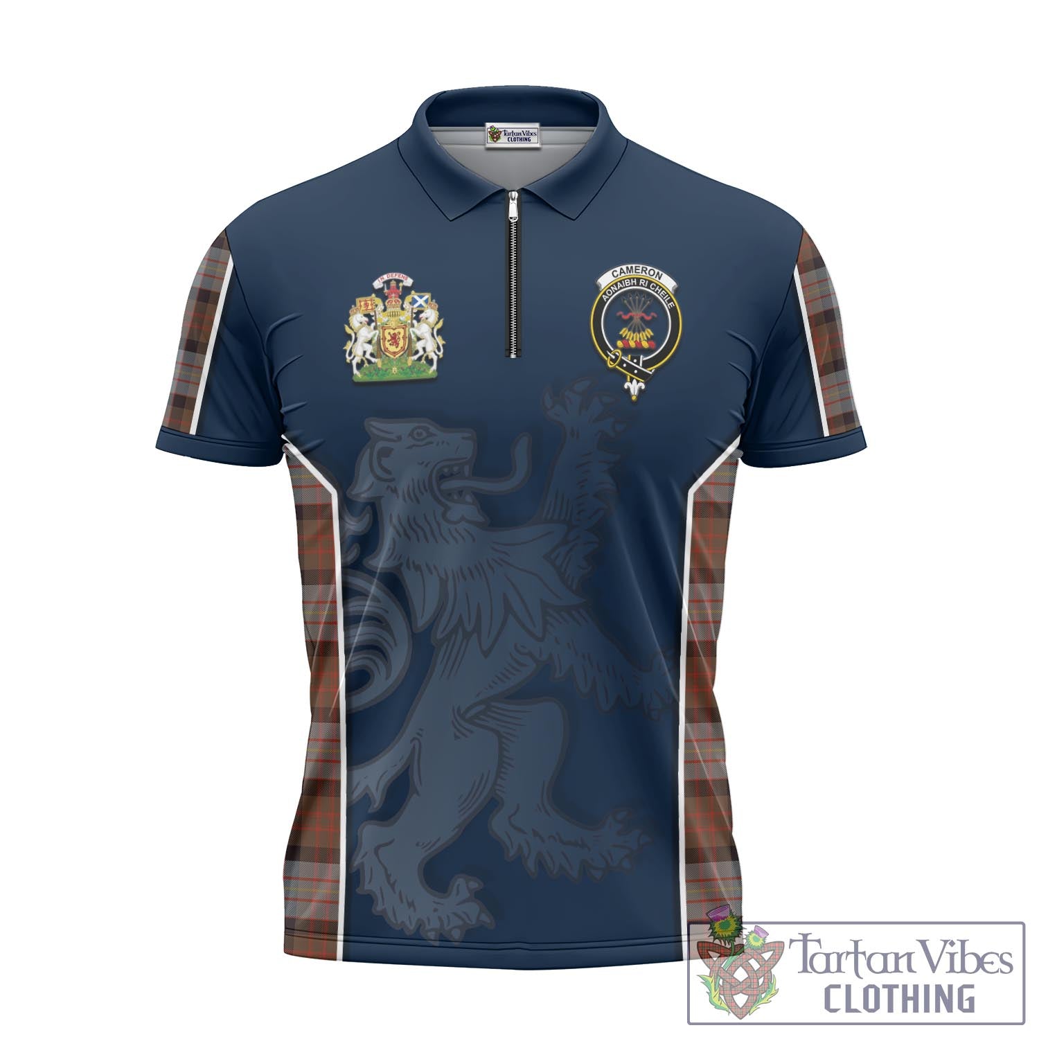 Tartan Vibes Clothing Cameron of Erracht Weathered Tartan Zipper Polo Shirt with Family Crest and Lion Rampant Vibes Sport Style