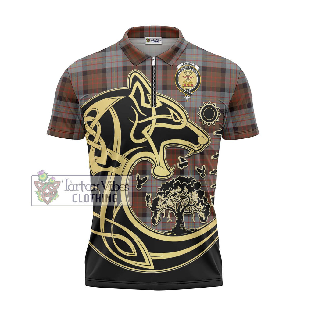 Cameron of Erracht Weathered Tartan Zipper Polo Shirt with Family Crest Celtic Wolf Style - Tartanvibesclothing Shop