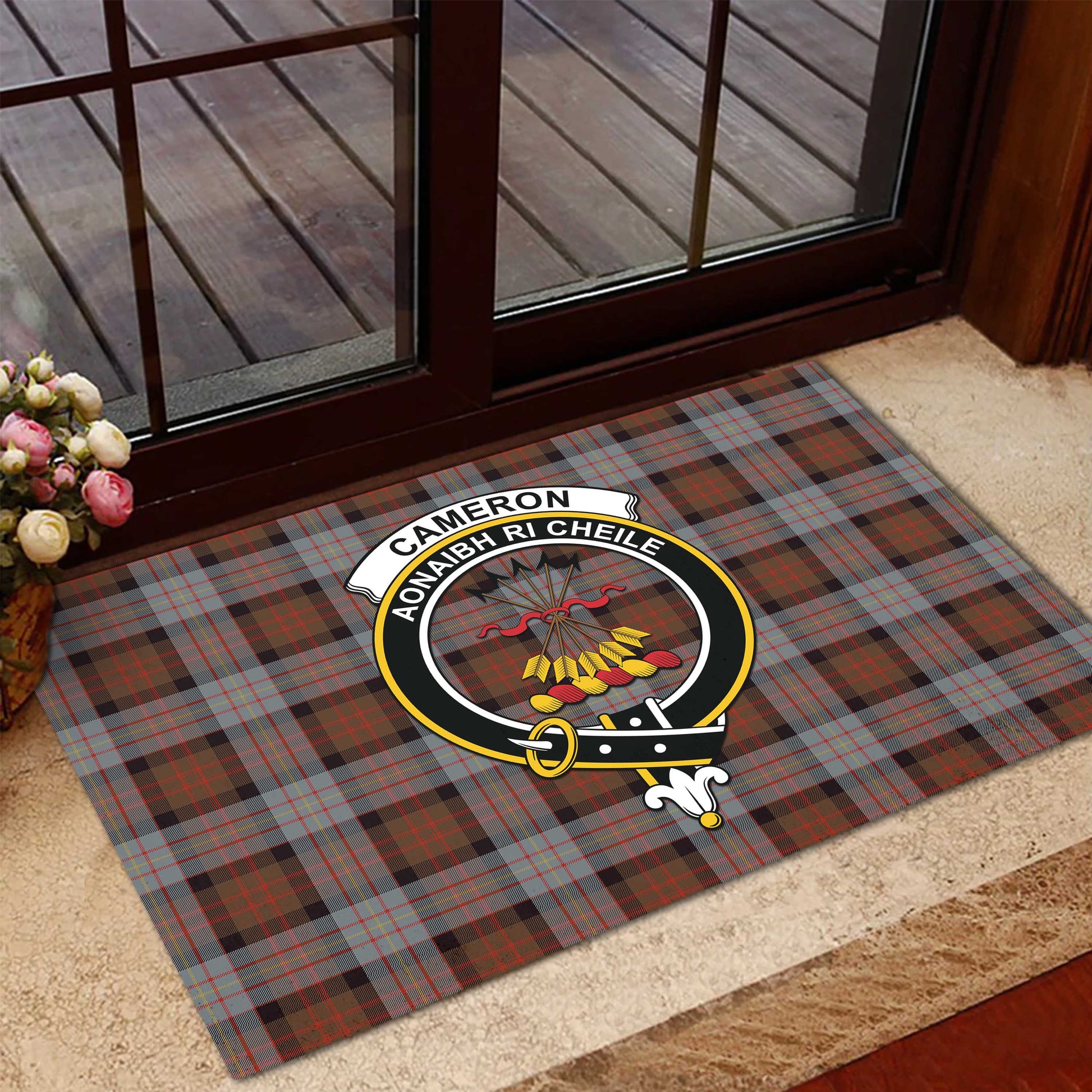 Cameron of Erracht Weathered Tartan Door Mat with Family Crest - Tartanvibesclothing