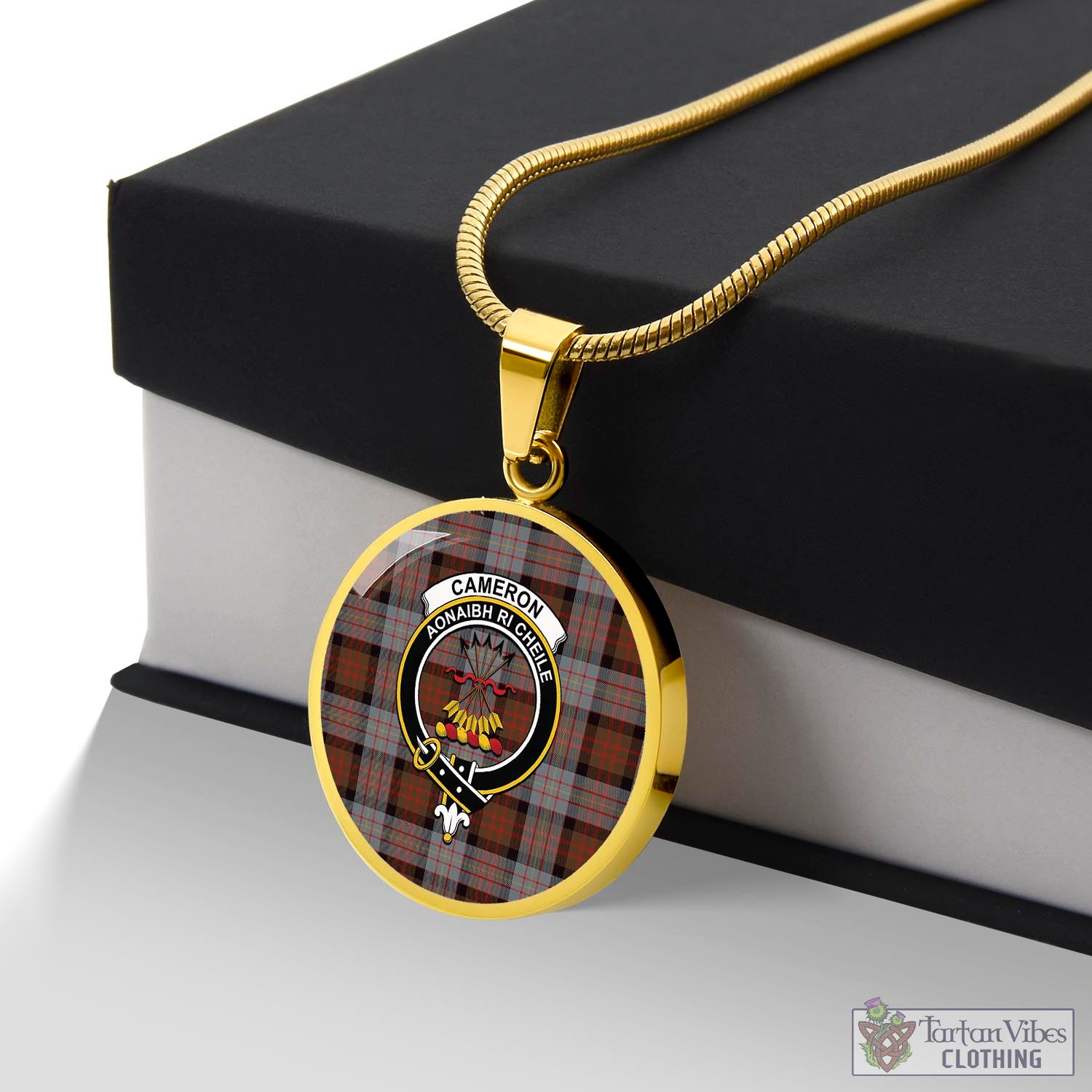 Tartan Vibes Clothing Cameron of Erracht Weathered Tartan Circle Necklace with Family Crest