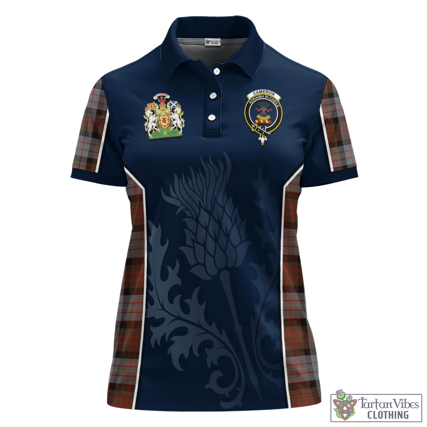 Tartan Vibes Clothing Cameron of Erracht Weathered Tartan Women's Polo Shirt with Family Crest and Scottish Thistle Vibes Sport Style