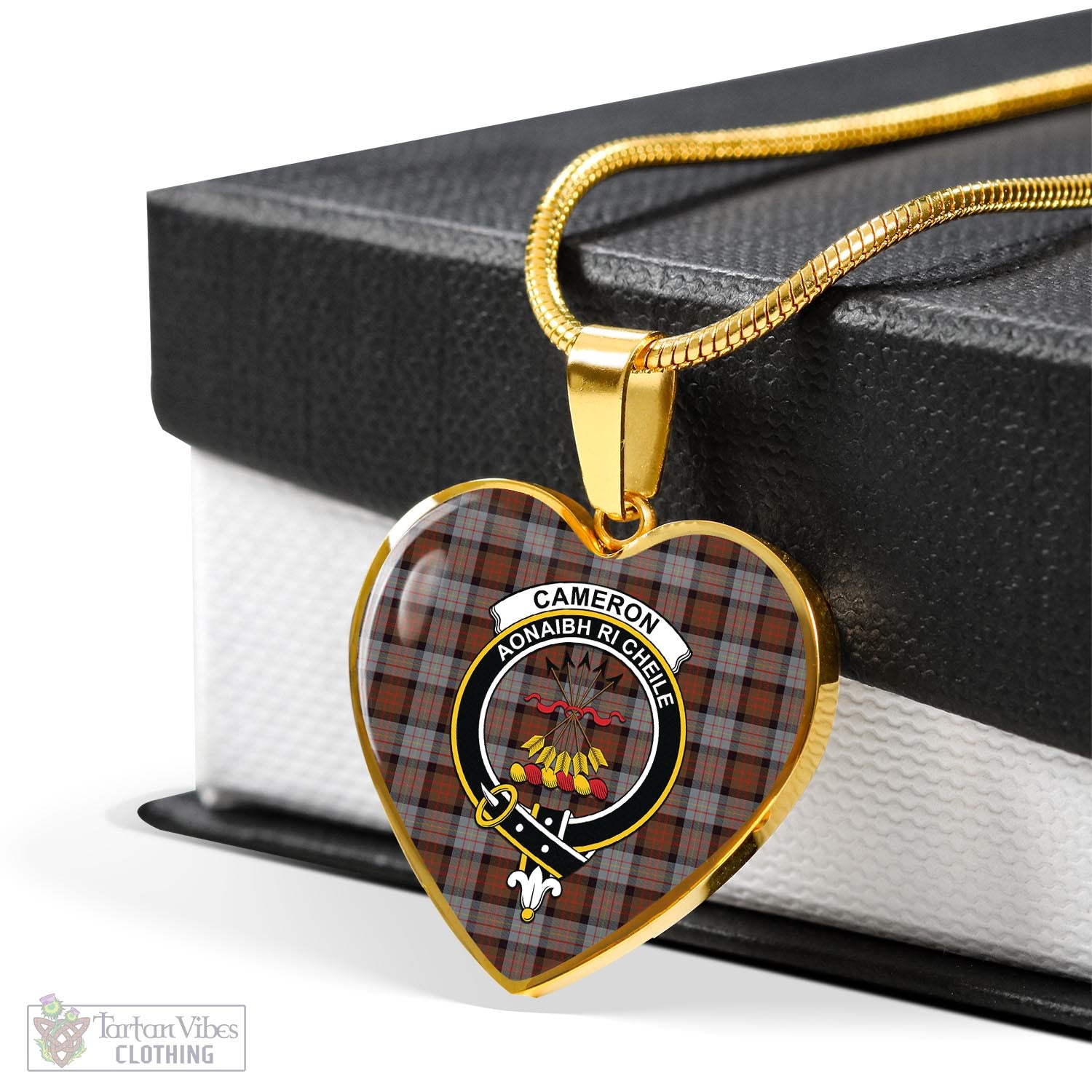 Tartan Vibes Clothing Cameron of Erracht Weathered Tartan Heart Necklace with Family Crest