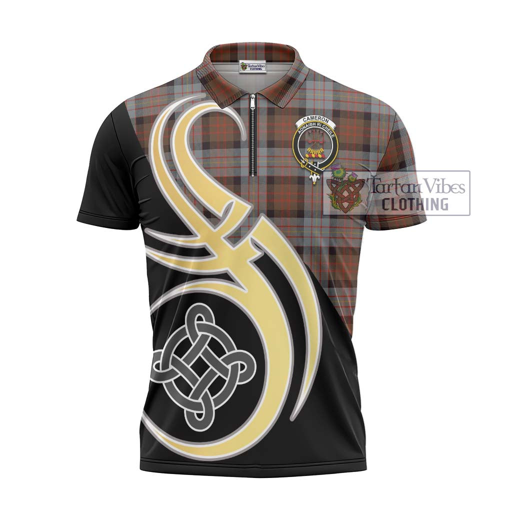 Tartan Vibes Clothing Cameron of Erracht Weathered Tartan Zipper Polo Shirt with Family Crest and Celtic Symbol Style