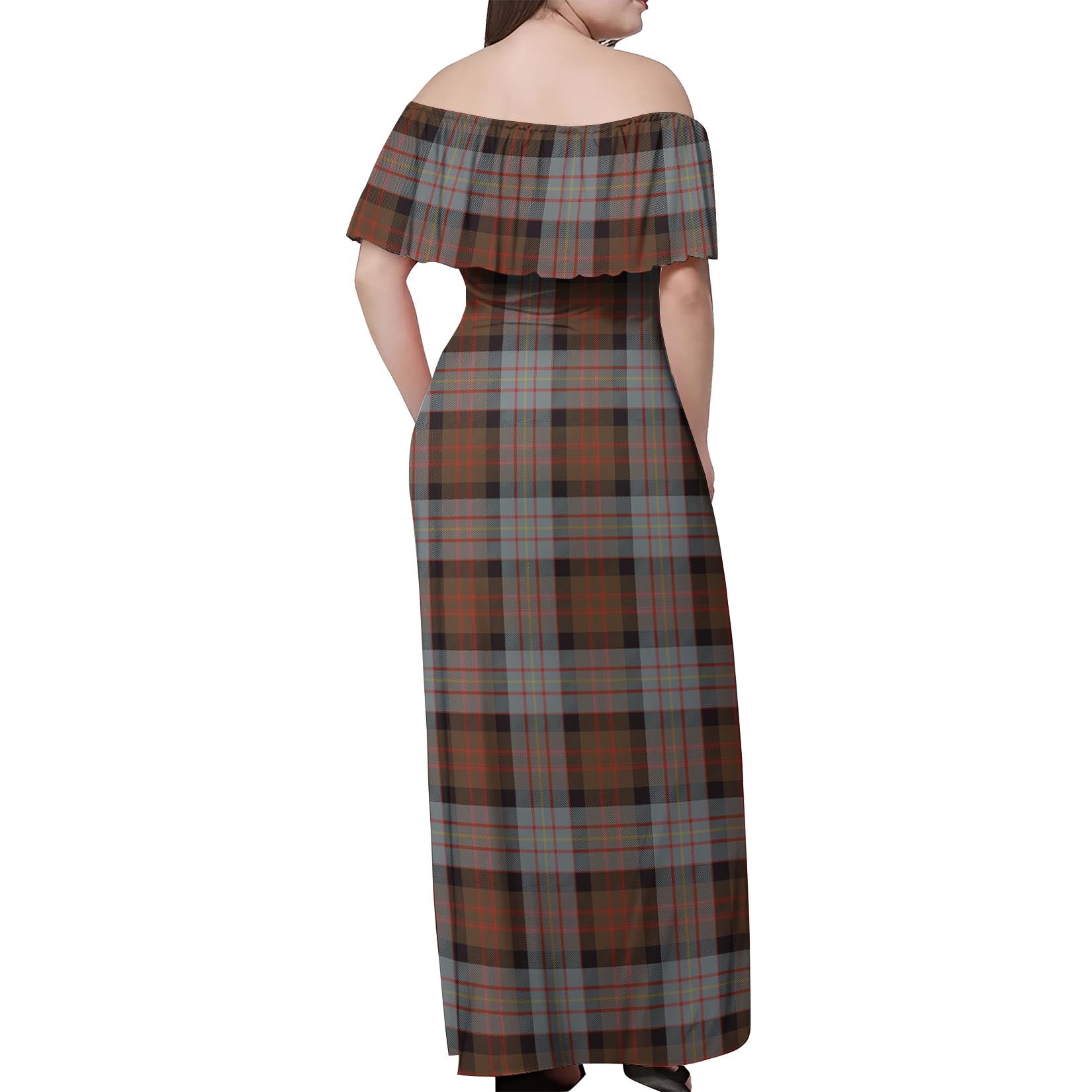 Cameron of Erracht Weathered Tartan Off Shoulder Long Dress - Tartanvibesclothing