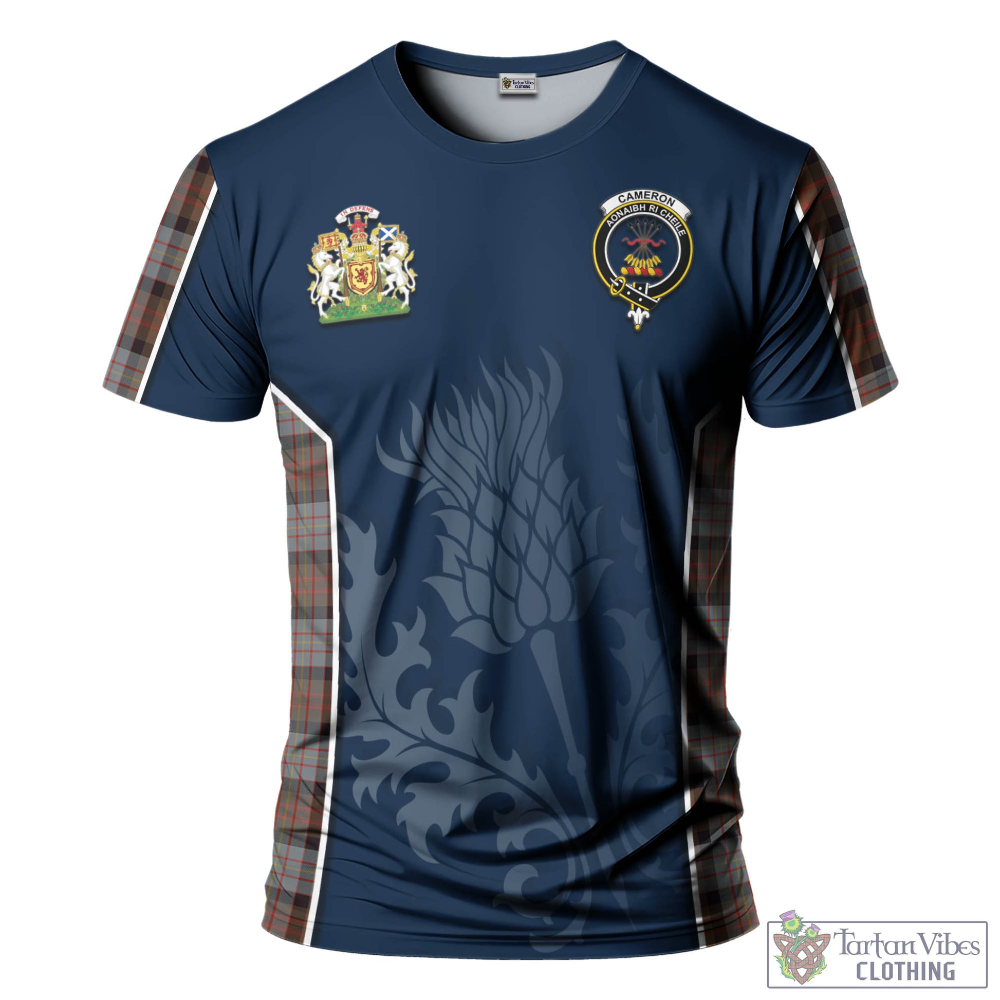 Tartan Vibes Clothing Cameron of Erracht Weathered Tartan T-Shirt with Family Crest and Scottish Thistle Vibes Sport Style