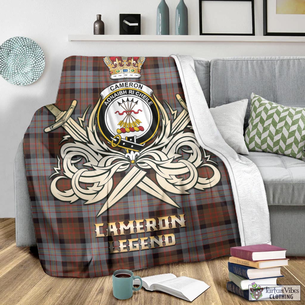 Tartan Vibes Clothing Cameron of Erracht Weathered Tartan Blanket with Clan Crest and the Golden Sword of Courageous Legacy