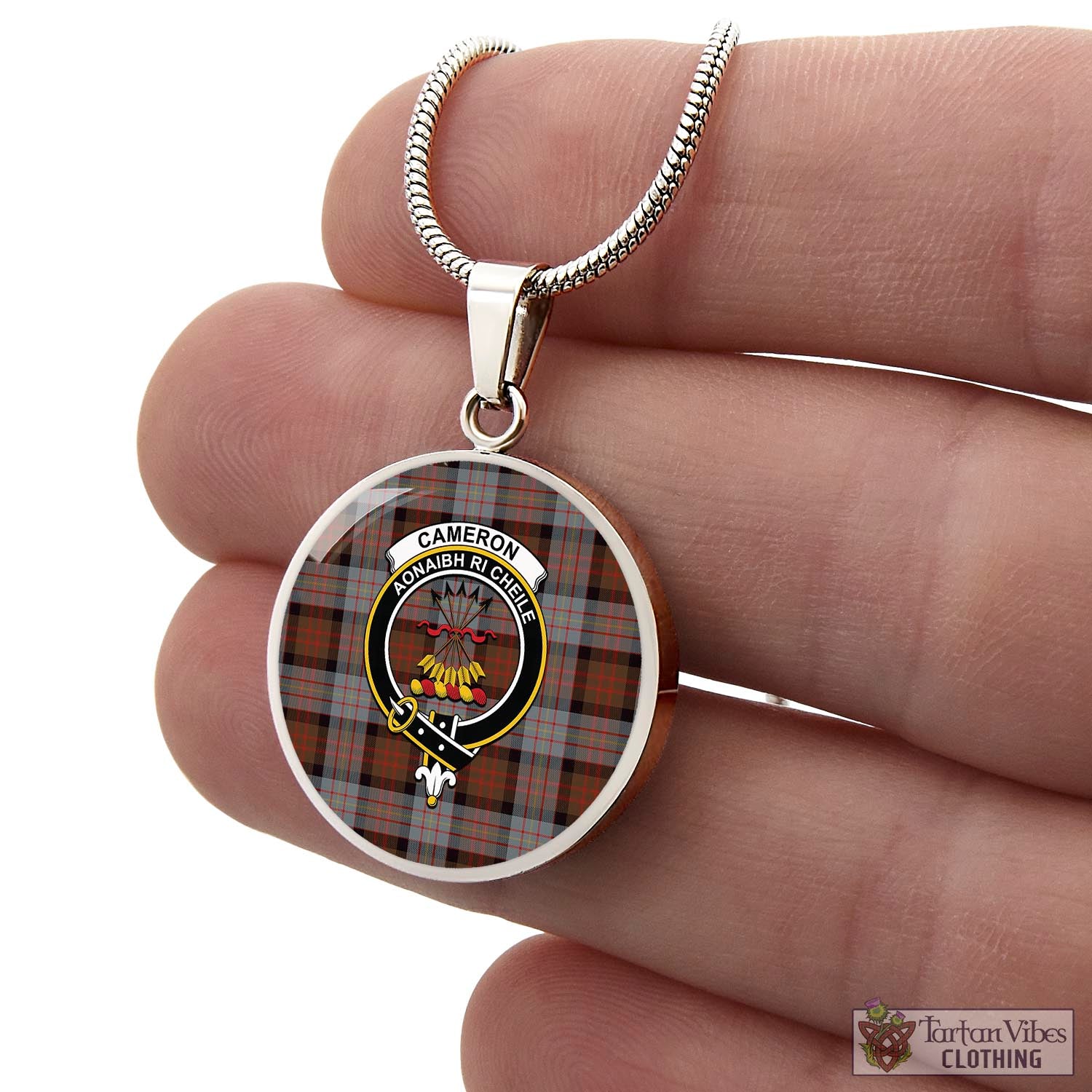 Tartan Vibes Clothing Cameron of Erracht Weathered Tartan Circle Necklace with Family Crest