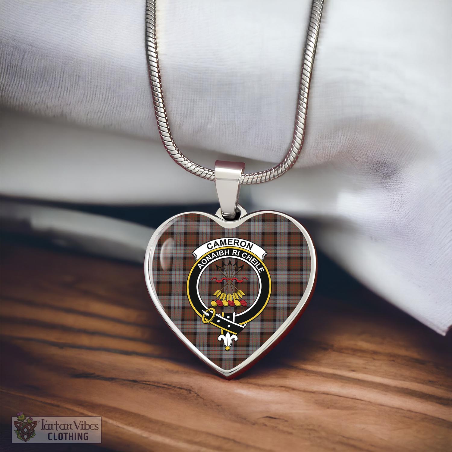 Tartan Vibes Clothing Cameron of Erracht Weathered Tartan Heart Necklace with Family Crest