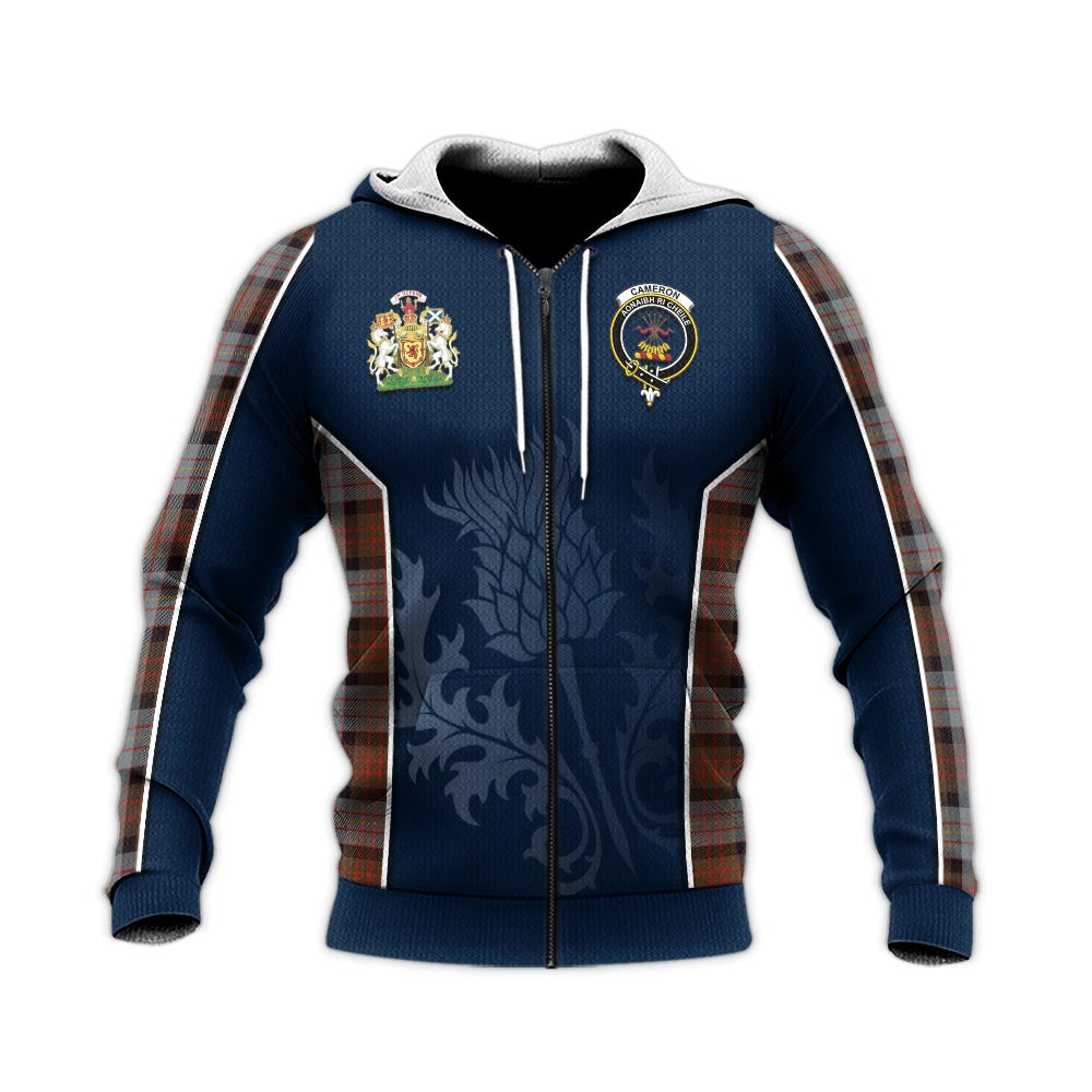 Tartan Vibes Clothing Cameron of Erracht Weathered Tartan Knitted Hoodie with Family Crest and Scottish Thistle Vibes Sport Style