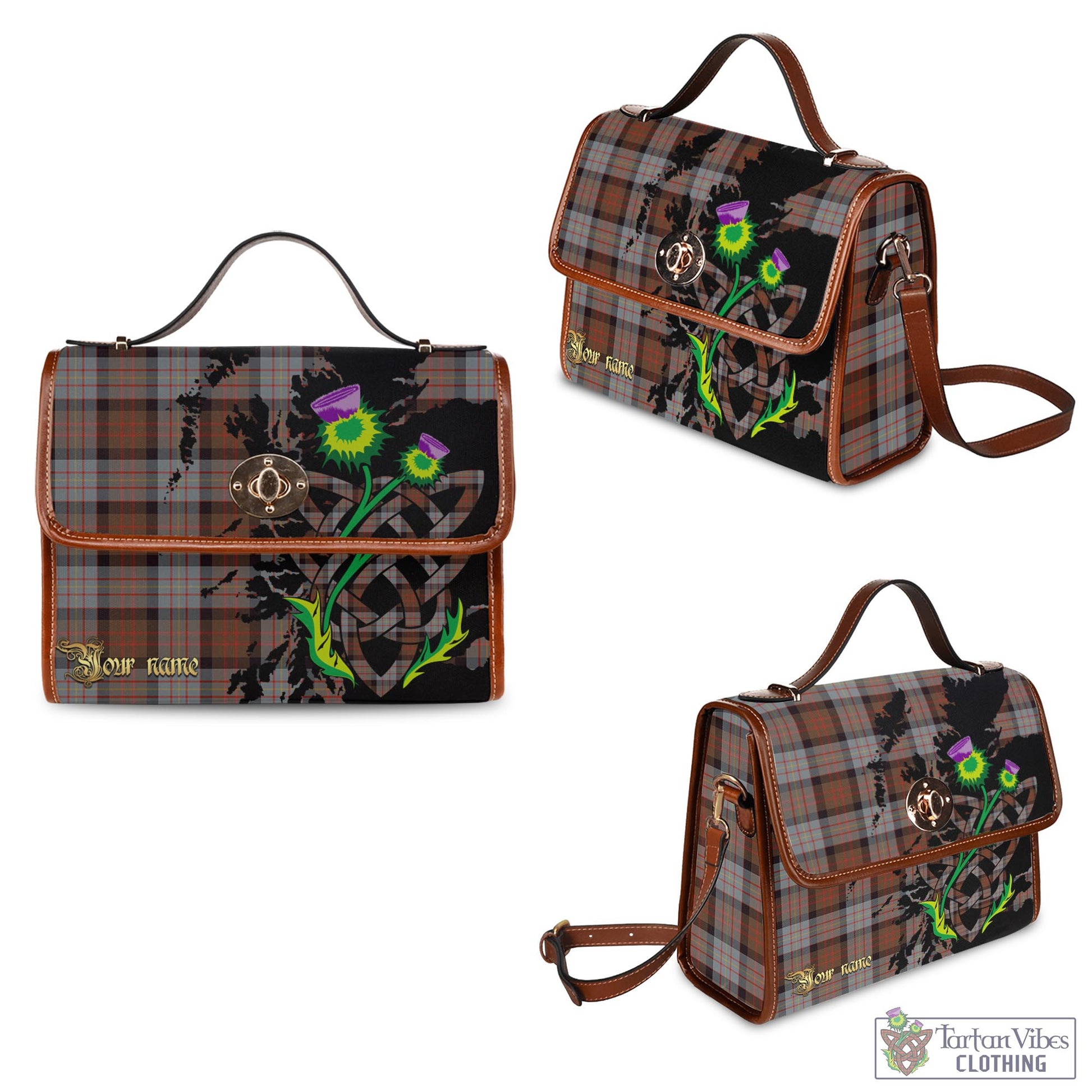 Tartan Vibes Clothing Cameron of Erracht Weathered Tartan Waterproof Canvas Bag with Scotland Map and Thistle Celtic Accents