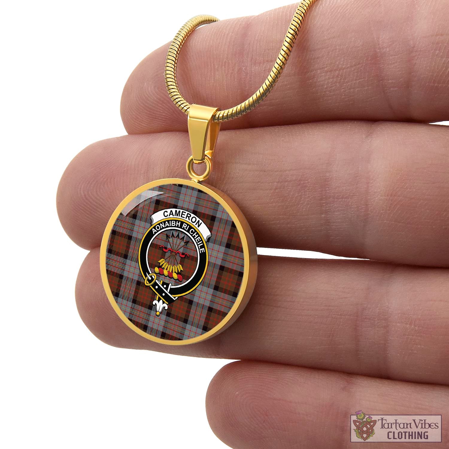 Tartan Vibes Clothing Cameron of Erracht Weathered Tartan Circle Necklace with Family Crest