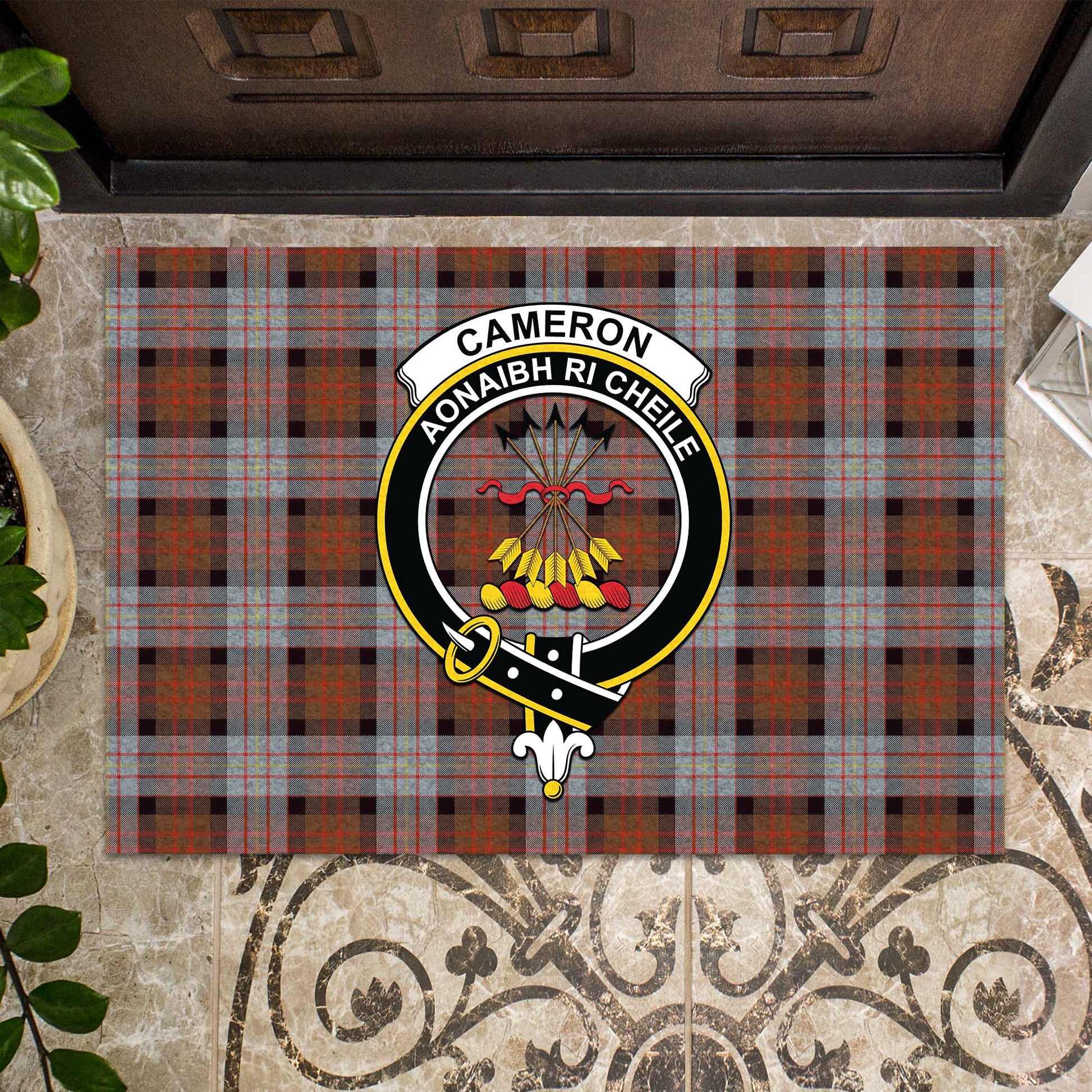 Cameron of Erracht Weathered Tartan Door Mat with Family Crest - Tartanvibesclothing