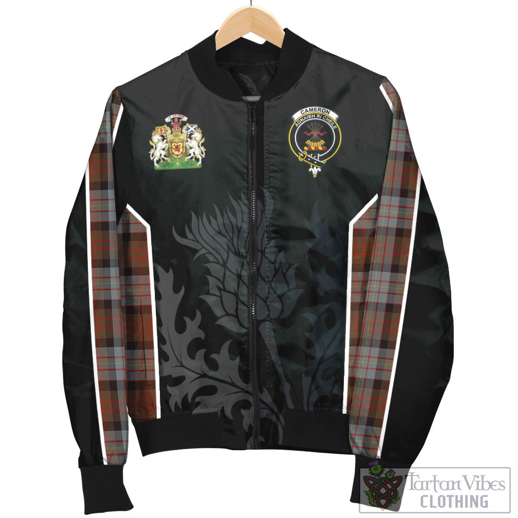 Tartan Vibes Clothing Cameron of Erracht Weathered Tartan Bomber Jacket with Family Crest and Scottish Thistle Vibes Sport Style