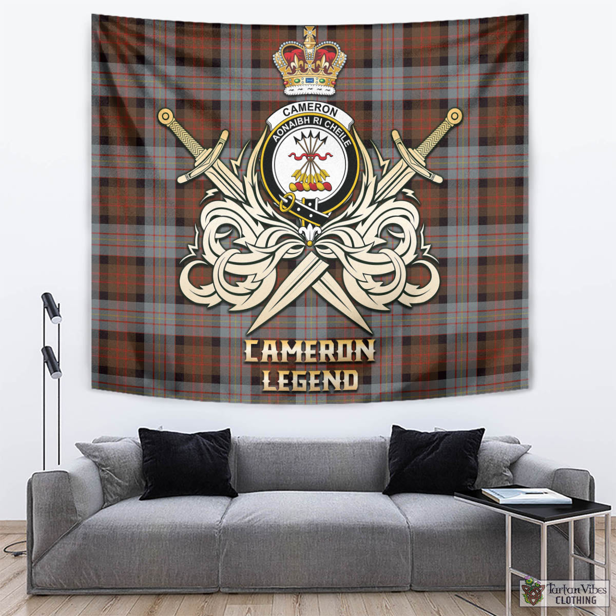 Tartan Vibes Clothing Cameron of Erracht Weathered Tartan Tapestry with Clan Crest and the Golden Sword of Courageous Legacy