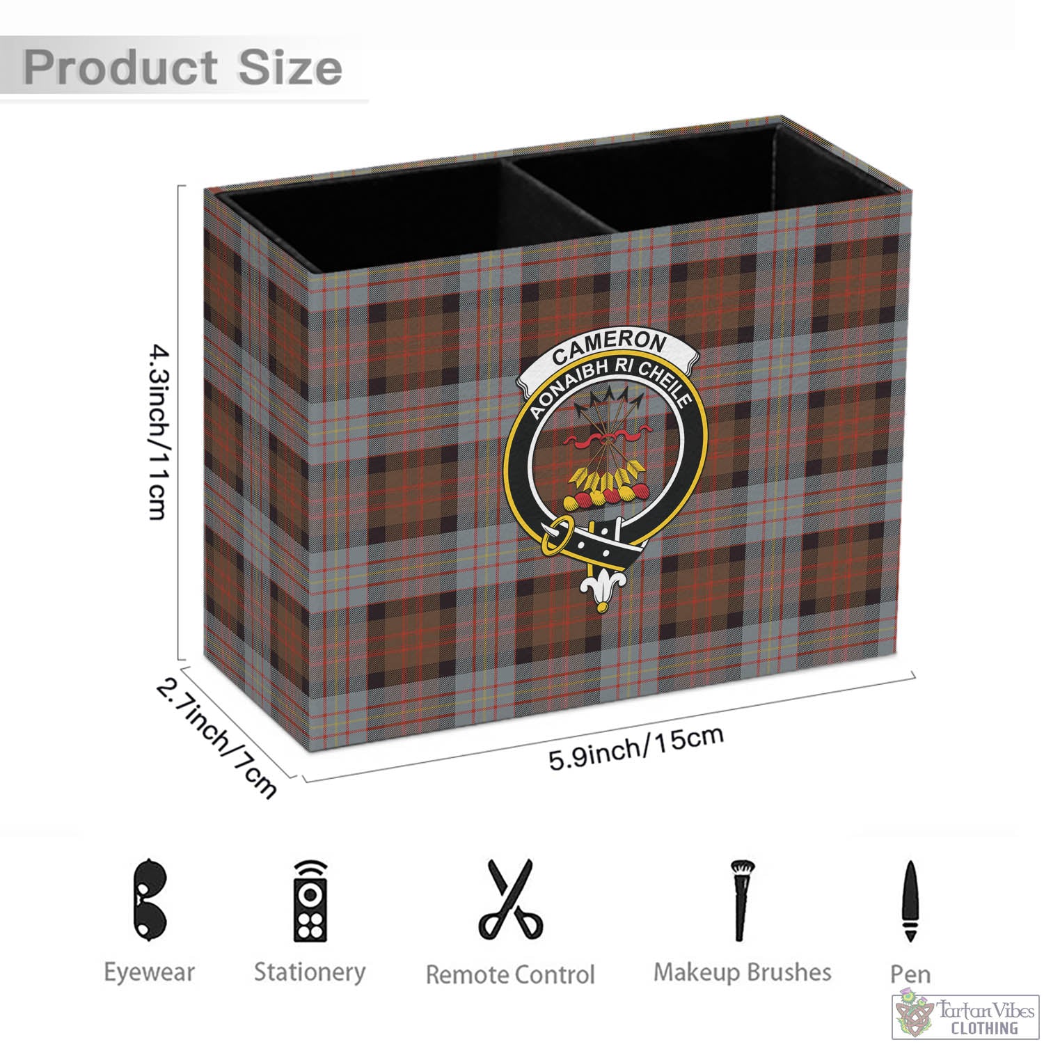 Tartan Vibes Clothing Cameron of Erracht Weathered Tartan Pen Holder with Family Crest