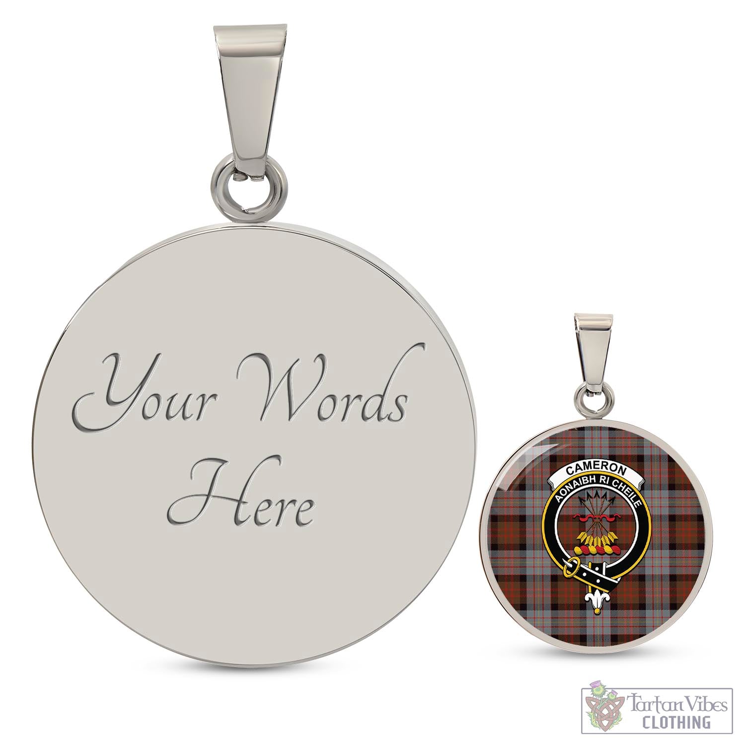 Tartan Vibes Clothing Cameron of Erracht Weathered Tartan Circle Necklace with Family Crest