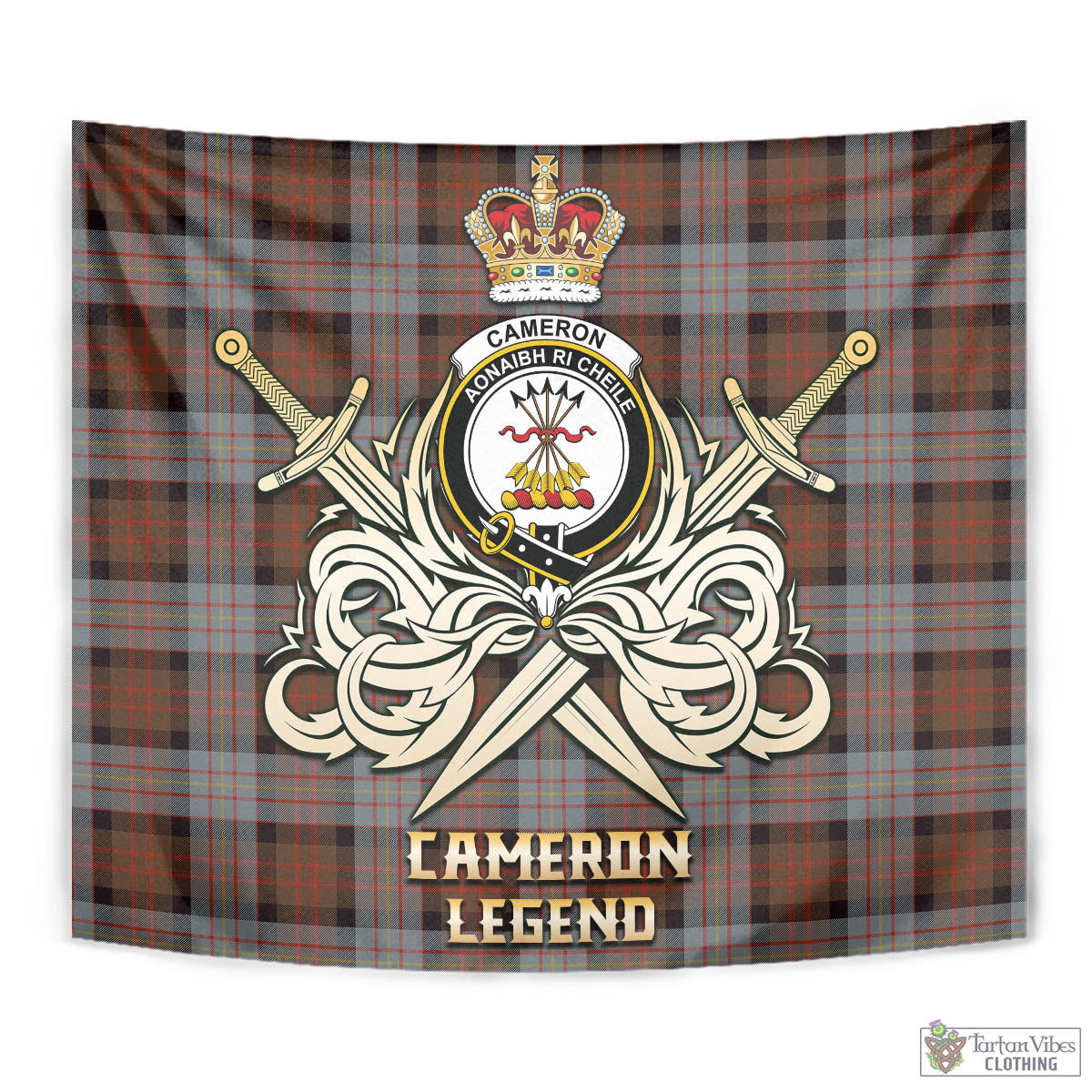 Tartan Vibes Clothing Cameron of Erracht Weathered Tartan Tapestry with Clan Crest and the Golden Sword of Courageous Legacy