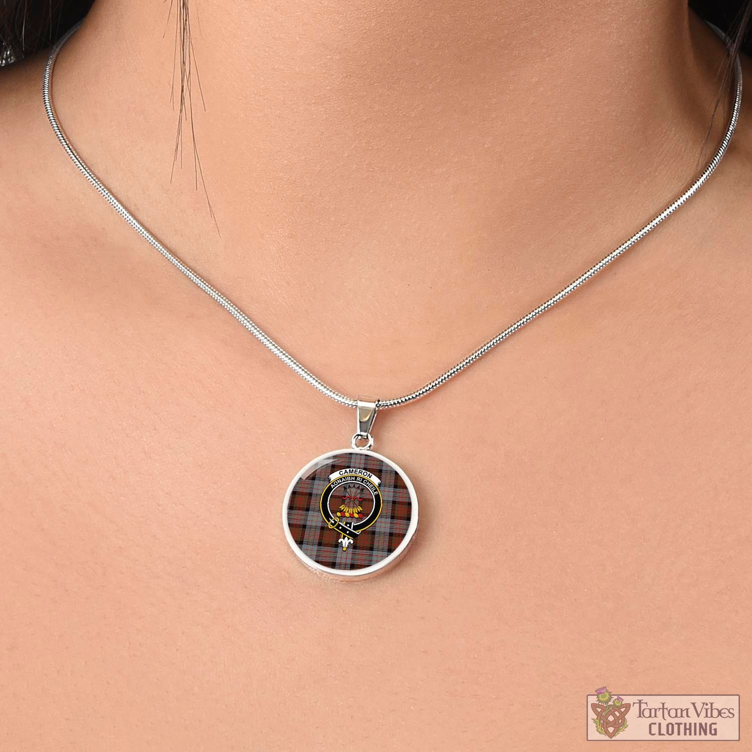 Tartan Vibes Clothing Cameron of Erracht Weathered Tartan Circle Necklace with Family Crest