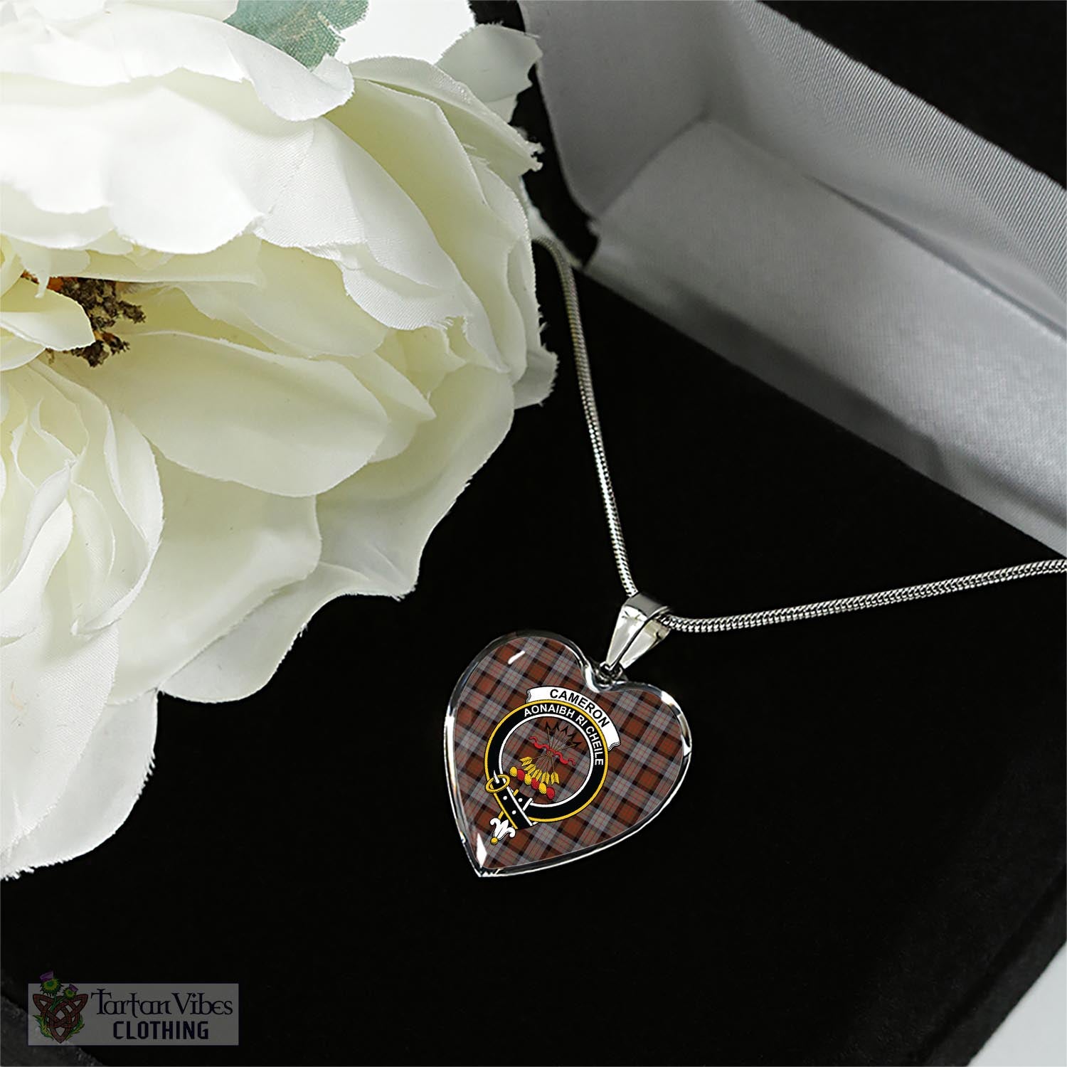 Tartan Vibes Clothing Cameron of Erracht Weathered Tartan Heart Necklace with Family Crest