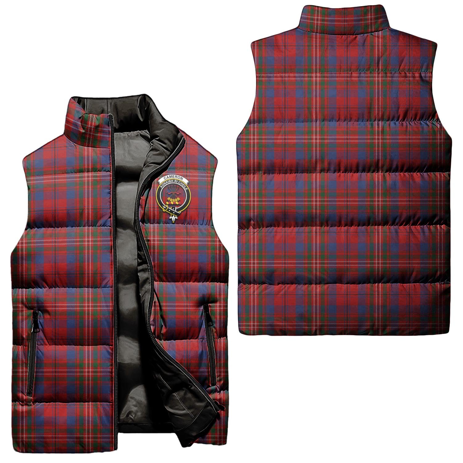 Cameron of Locheil Tartan Sleeveless Puffer Jacket with Family Crest Unisex - Tartanvibesclothing