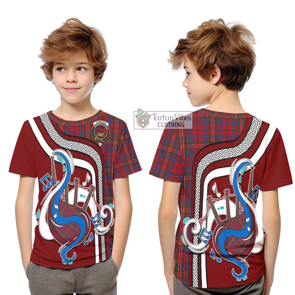 Tartan Vibes Clothing Cameron of Locheil Tartan Kid T-Shirt with Epic Bagpipe Style