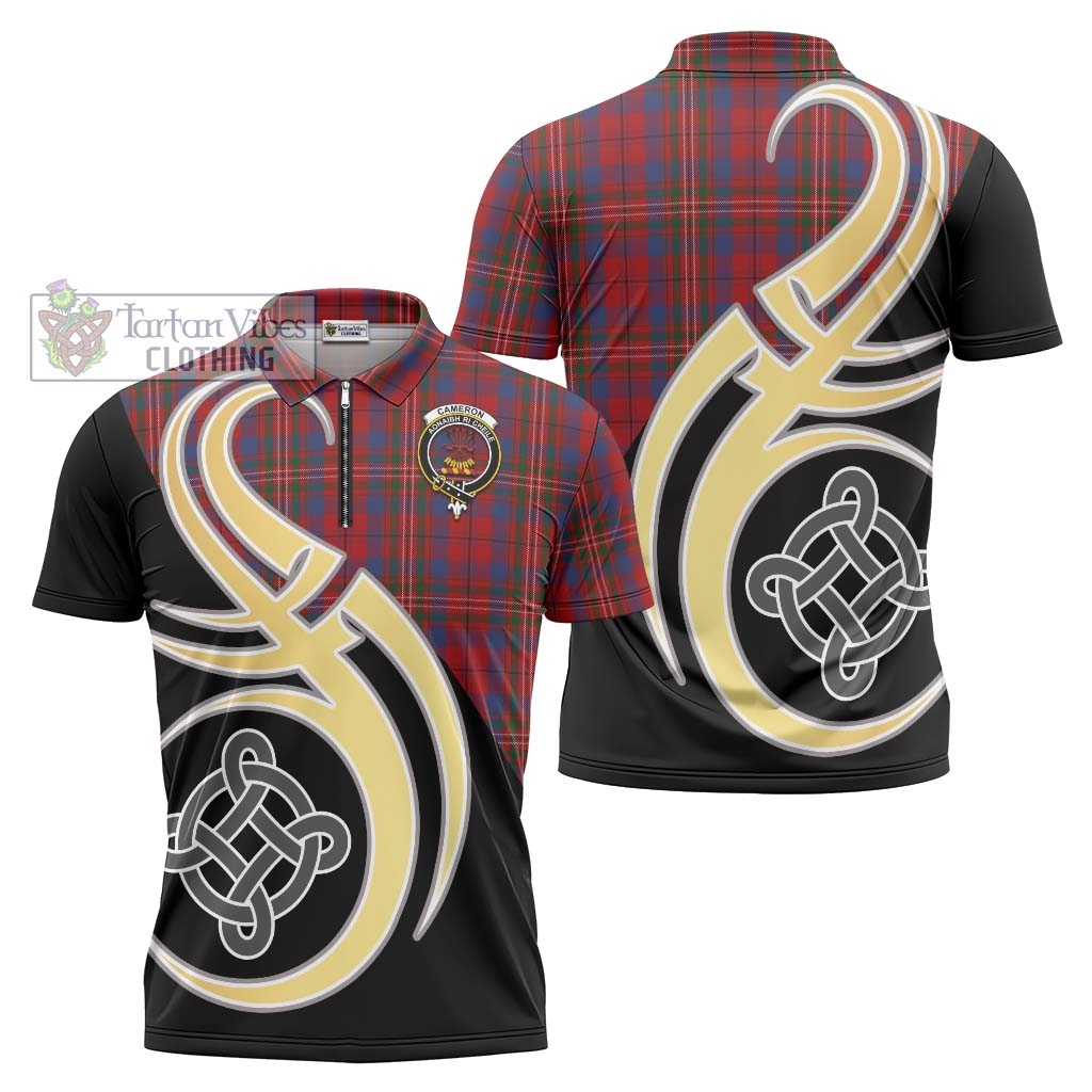 Tartan Vibes Clothing Cameron of Locheil Tartan Zipper Polo Shirt with Family Crest and Celtic Symbol Style