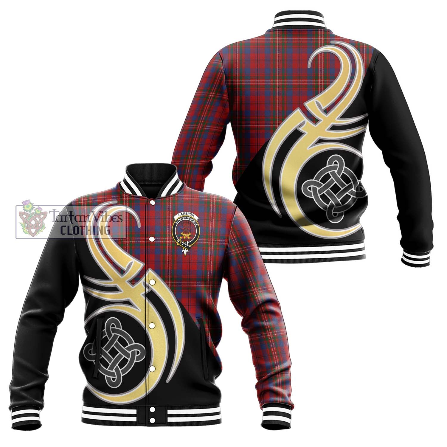 Cameron of Locheil Tartan Baseball Jacket with Family Crest and Celtic Symbol Style Unisex - Tartan Vibes Clothing