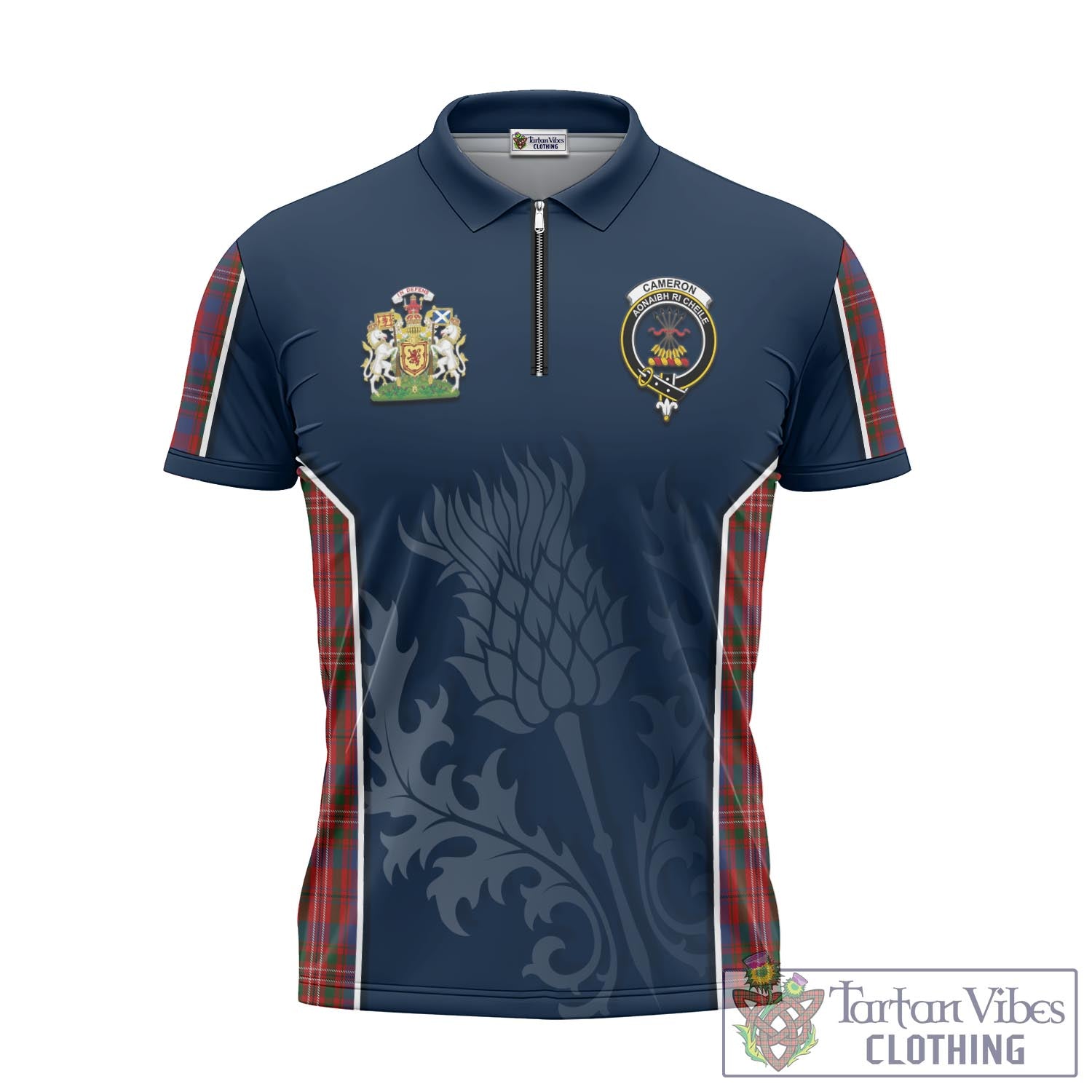 Tartan Vibes Clothing Cameron of Locheil Tartan Zipper Polo Shirt with Family Crest and Scottish Thistle Vibes Sport Style