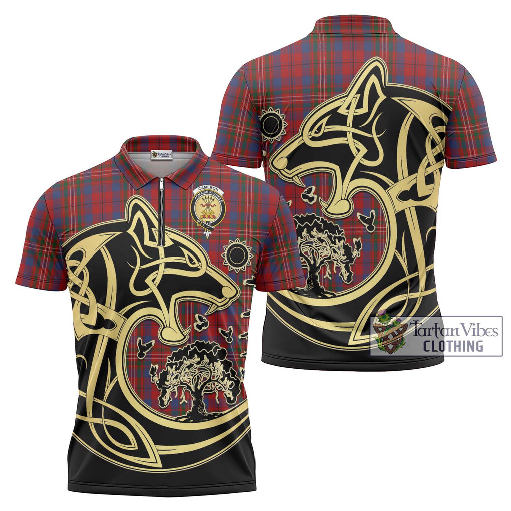 Cameron of Locheil Tartan Zipper Polo Shirt with Family Crest Celtic Wolf Style Unisex - Tartanvibesclothing Shop