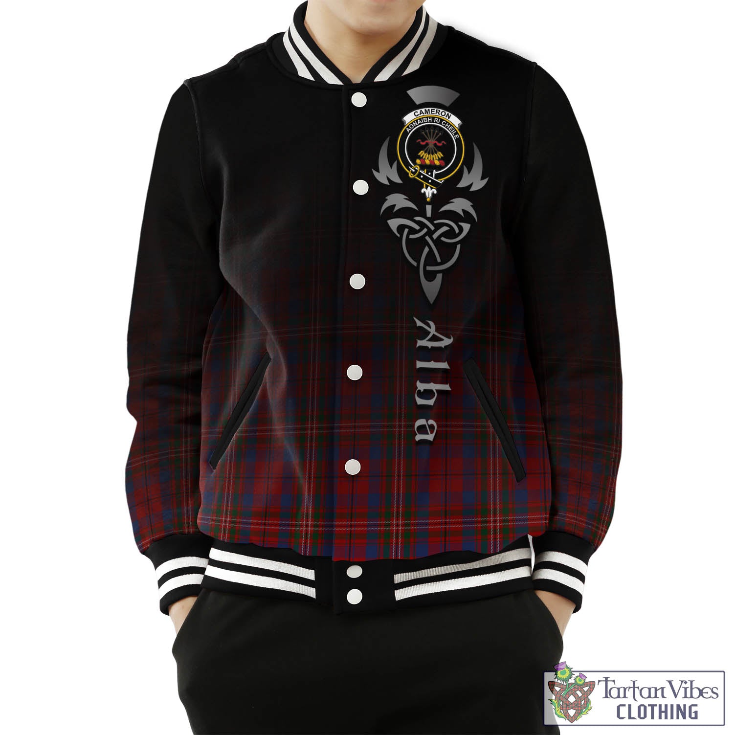 Tartan Vibes Clothing Cameron of Locheil Tartan Baseball Jacket Featuring Alba Gu Brath Family Crest Celtic Inspired