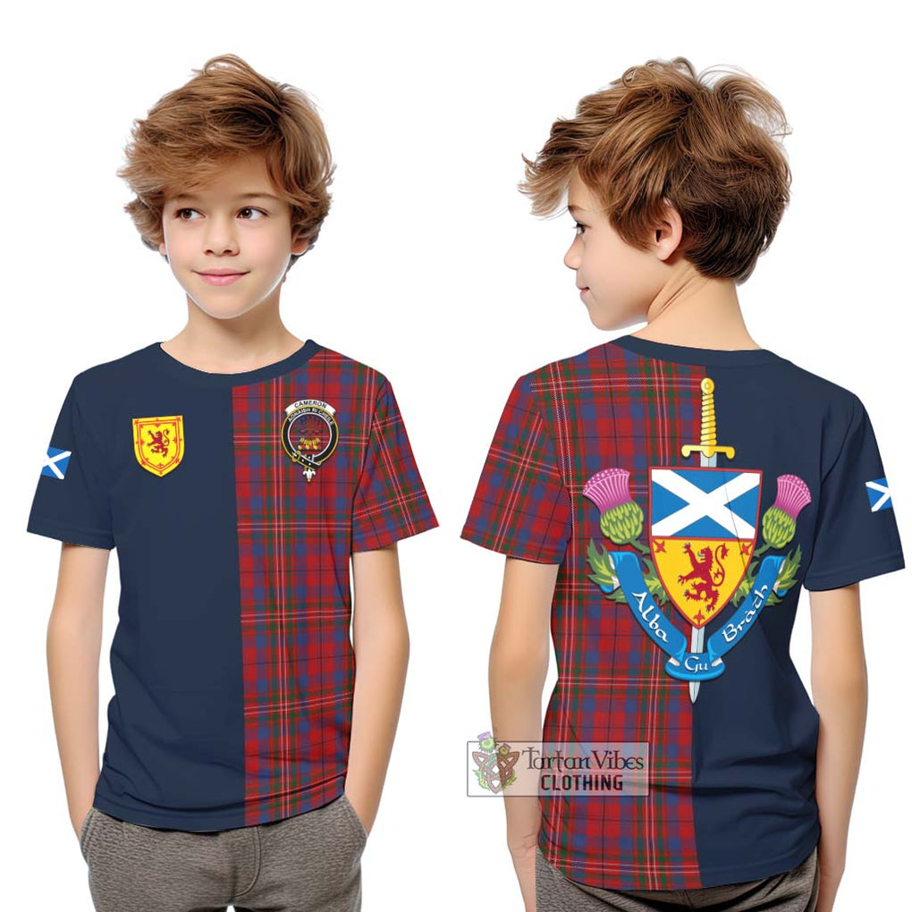 Tartan Vibes Clothing Cameron of Locheil Tartan Kid T-Shirt with Scottish Lion Royal Arm Half Style